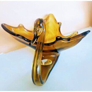 Vintage Amber Hand Blown Art Glass Swan 11 1/2" x 5 1/2" Tall